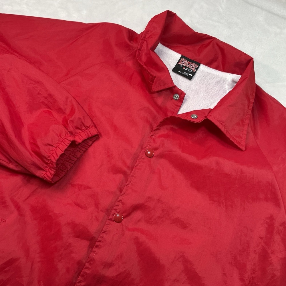 Vintage Athletic Works Red Nylon Coach Jacket XL USA Made Snap Front Windbreaker